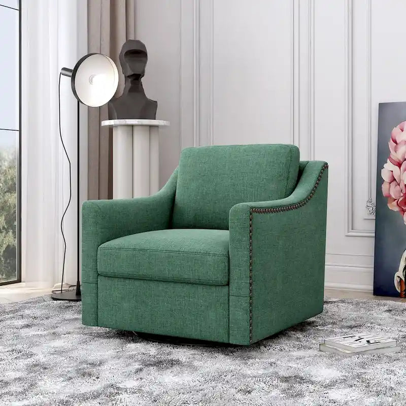 Poltrona girevole a 360 gradi, Tessuto in lino-cotone grigio, Base in metallo nero