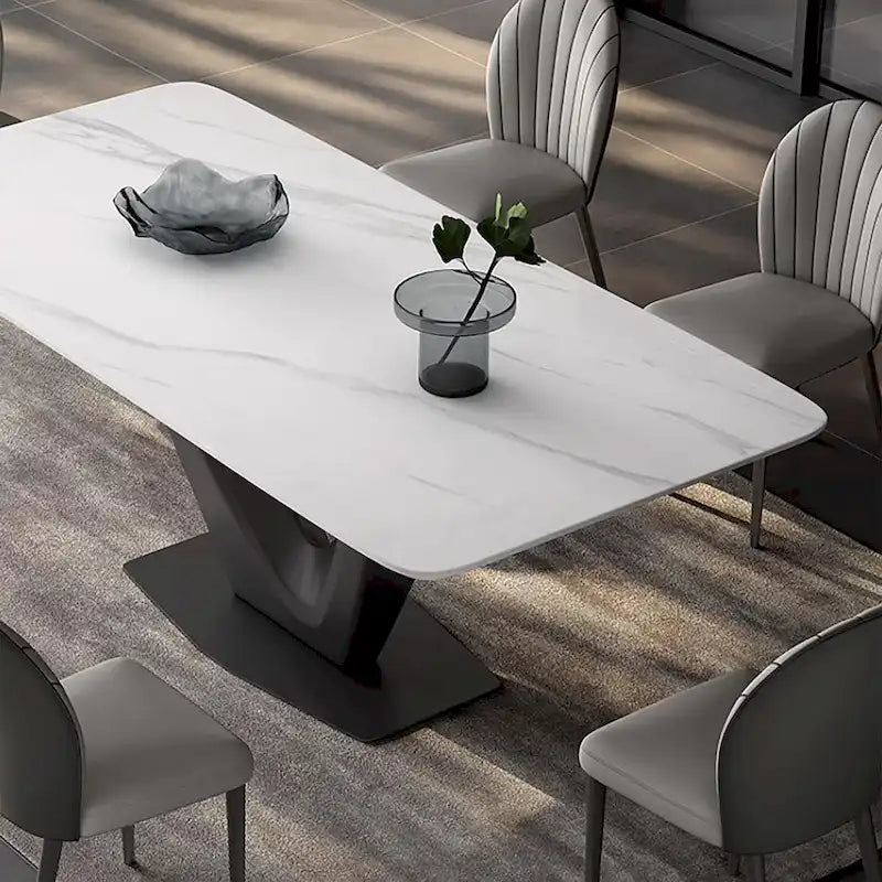 Tavolo da pranzo moderno rettangolare in pietra sinterizzata da 71 pollici per 6 persone, base in acciaio nero