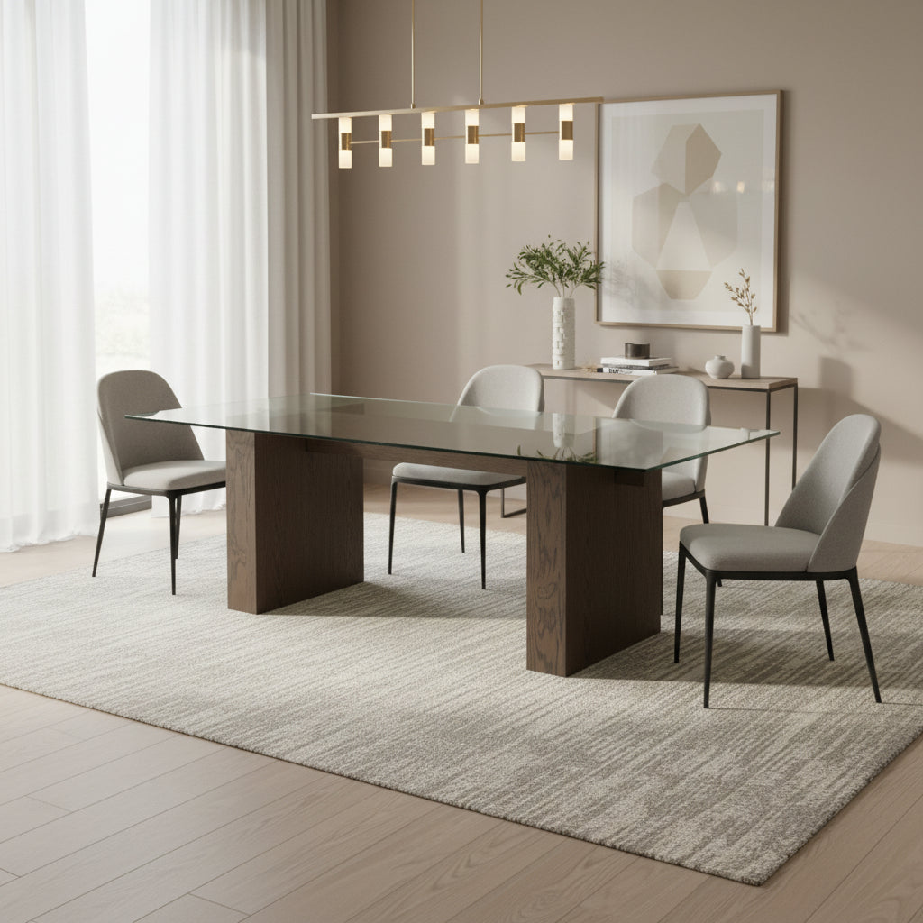Lan 80 Inch Dining Table, Glass Top, Wood Double Pedestal, 6 Seater, Brown