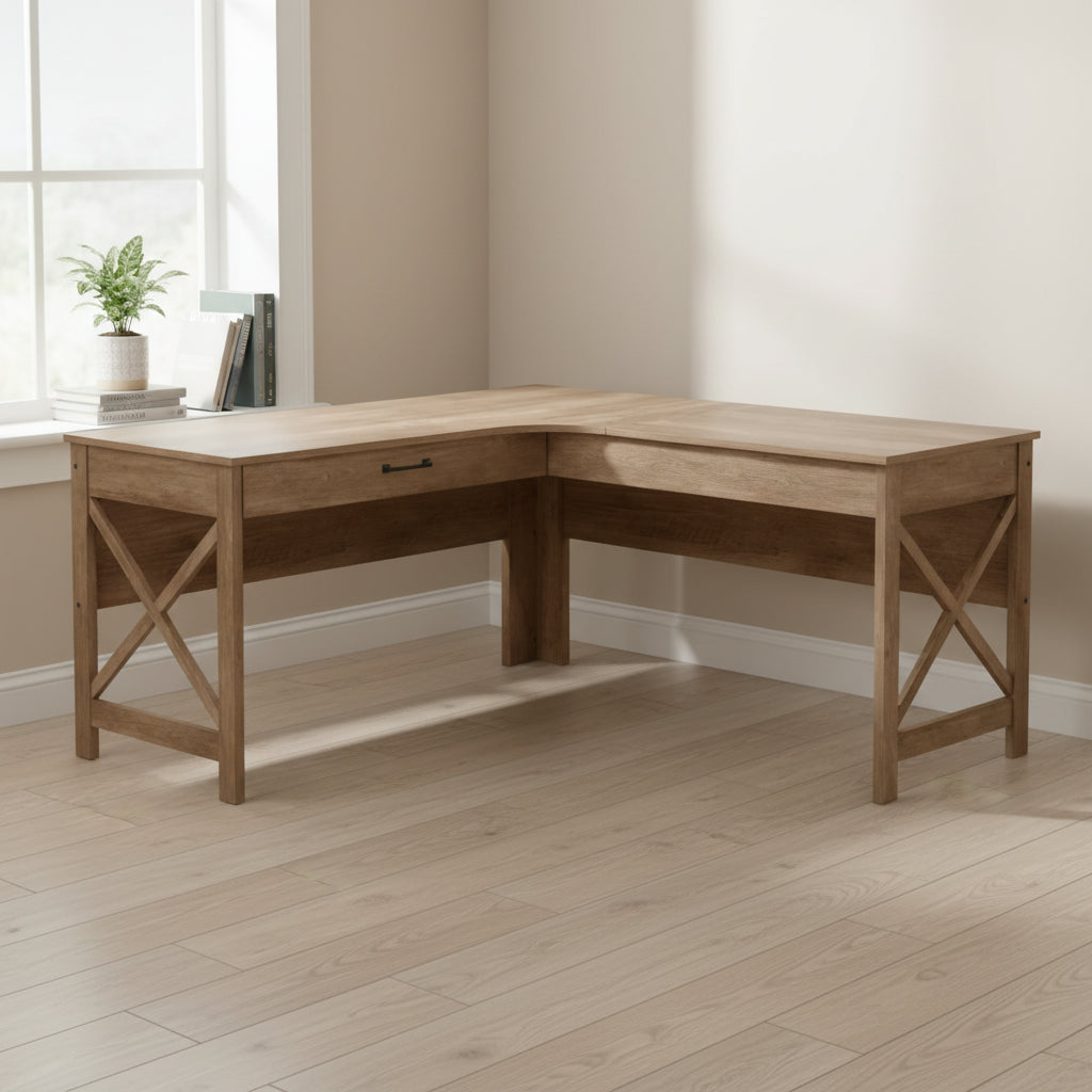 Scrivania a L in stile Modern Farmhouse con cassetto per Home Office