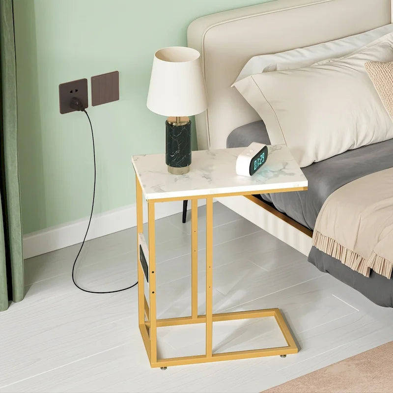 Tavolino Laterale a C con Porte USB e Prese di Corrente per Piccoli Spazi