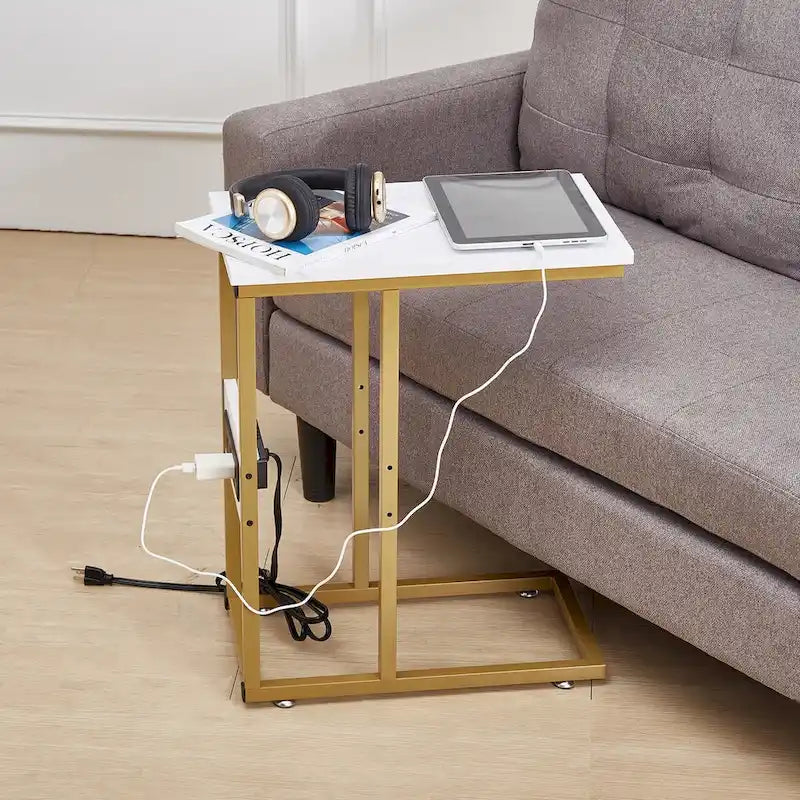 Tavolino Laterale a C con Porte USB e Prese di Corrente per Piccoli Spazi