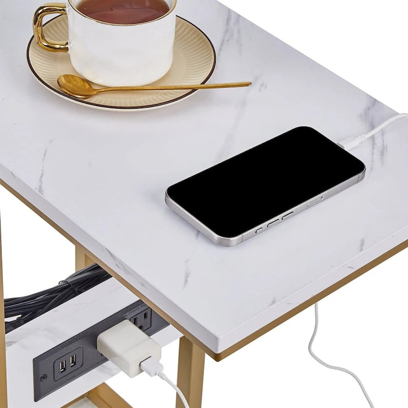 Tavolino Laterale a C con Porte USB e Prese di Corrente per Piccoli Spazi