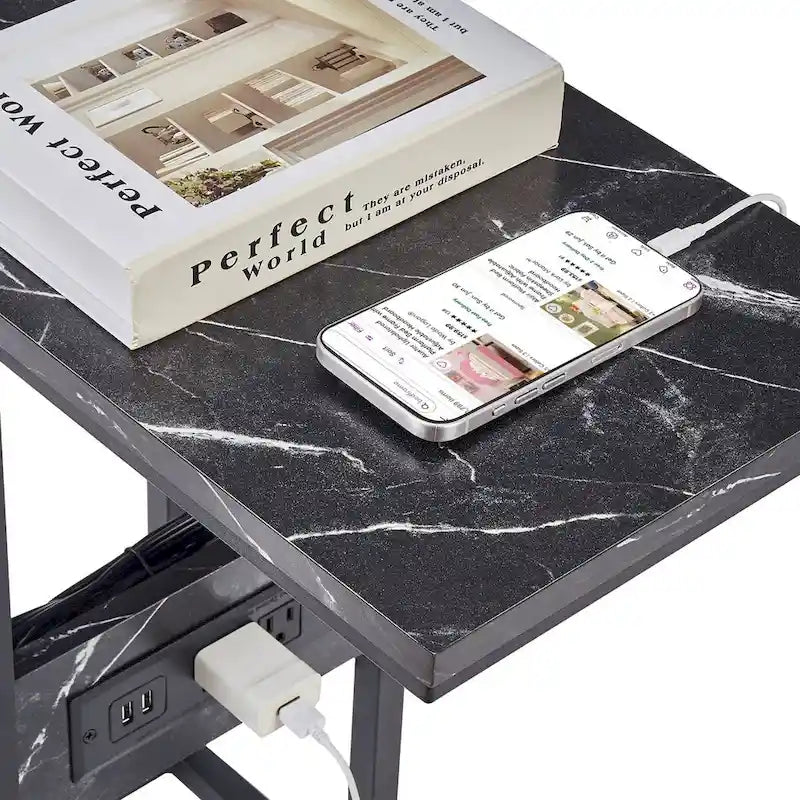 Tavolino Laterale a C con Porte USB e Prese di Corrente per Piccoli Spazi