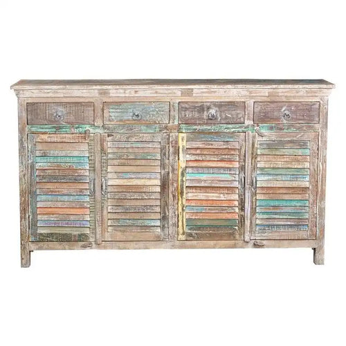 Credenza a 4 cassetti e 4 ante con persiana in bianco vintage, legno riciclato