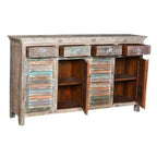Credenza a 4 cassetti e 4 ante con persiana in bianco vintage, legno riciclato