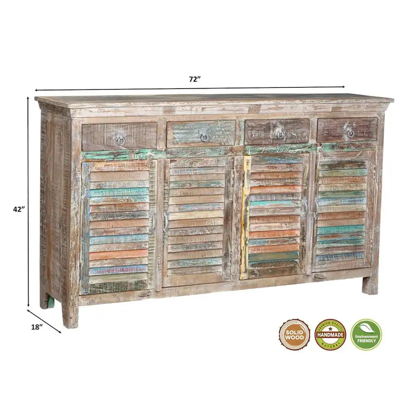 Credenza a 4 cassetti e 4 ante con persiana in bianco vintage, legno riciclato