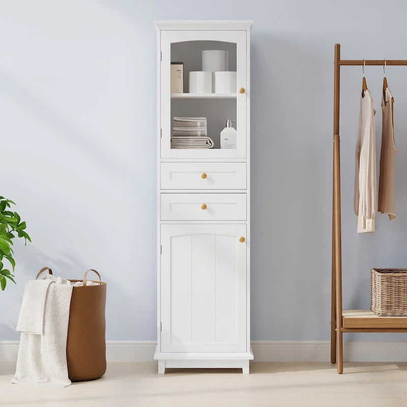 Mobile Alto da Bagno con Ante in Vetro, Mobile da Terra con Due Cassetti