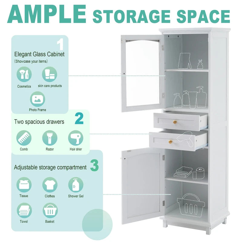 Mobile Alto da Bagno con Ante in Vetro, Mobile da Terra con Due Cassetti