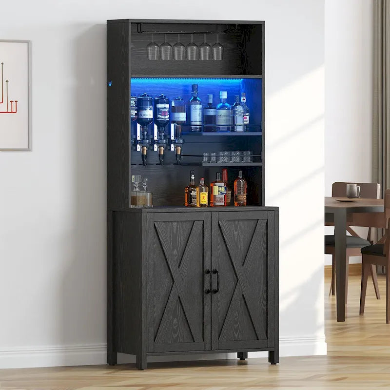 Mobile bar alto con luci LED, dispenser per liquori, portabottiglie e portabicchieri