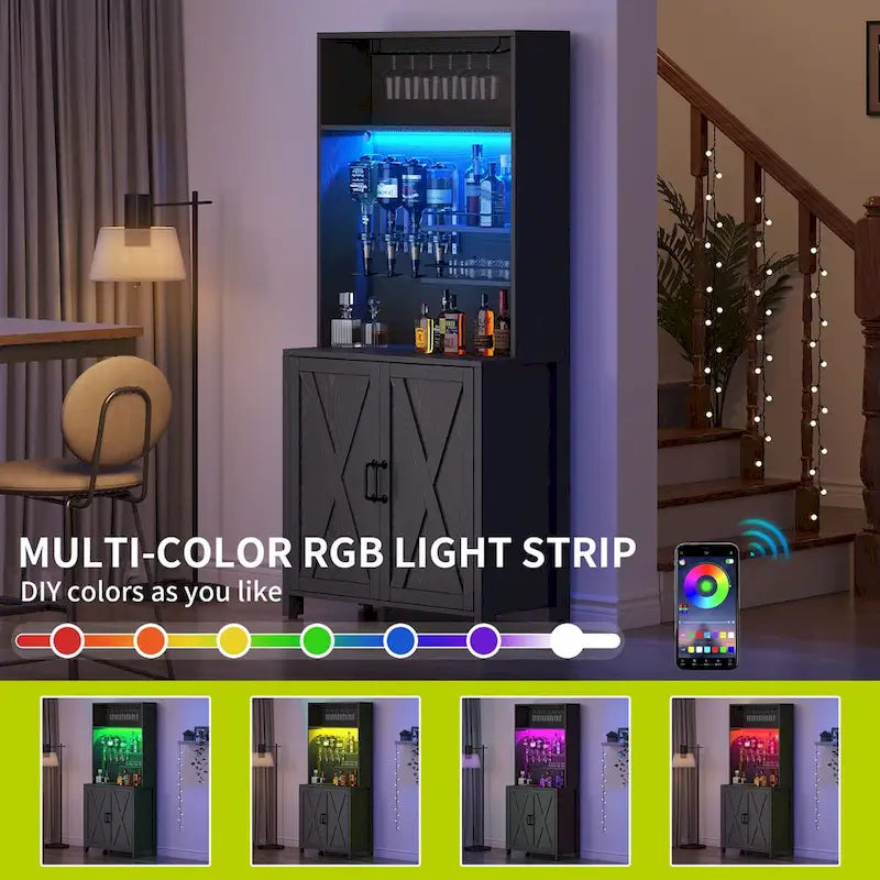 Mobile bar alto con luci LED, dispenser per liquori, portabottiglie e portabicchieri