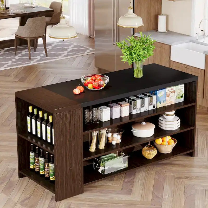 Isola da Cucina in Legno Marrone da 55 Pollici con Contenitore per Sala da Pranzo
