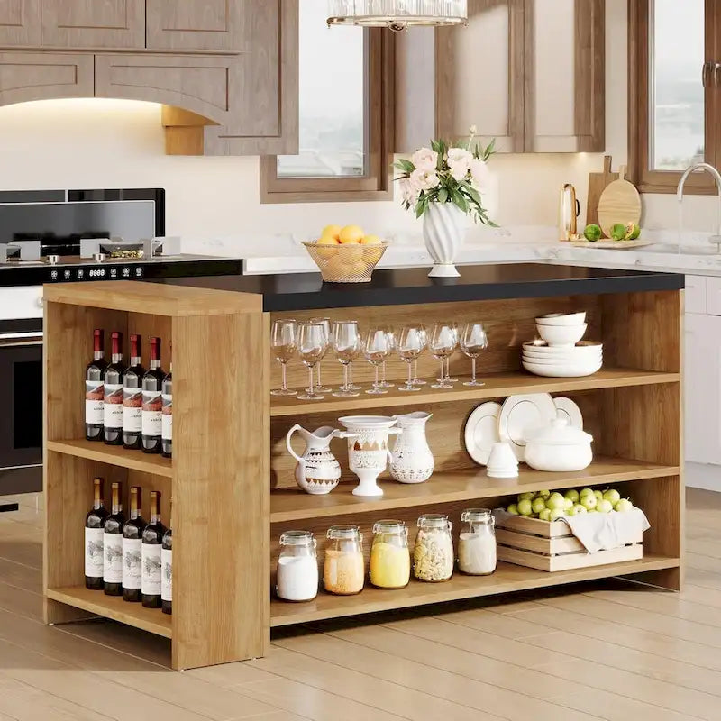 Isola da Cucina in Legno Marrone da 55 Pollici con Contenitore per Sala da Pranzo